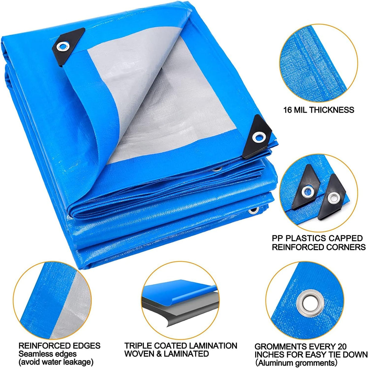 16 Mil Blue Poly Tarpaulin with Metal Grommets F957
