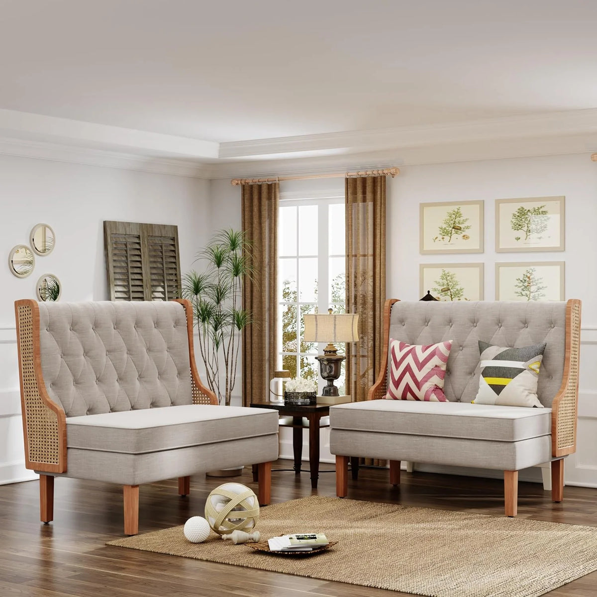 Light Grey Upholstered Loveseat Bench with Rattan Arms K147