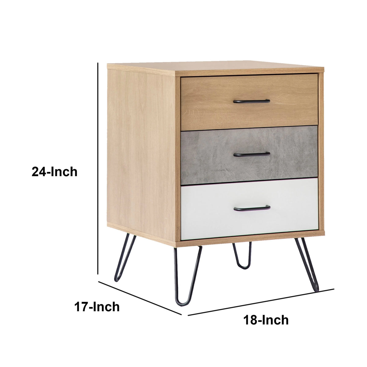 24 Inch 3 Drawer Wood Nightstand with Metal Hairpin Legs F397115