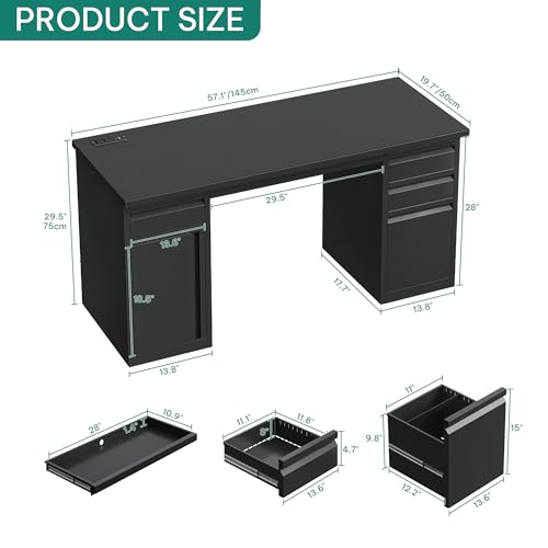 Black 57 Inch Steel Office Desk with 5 Drawers S1742