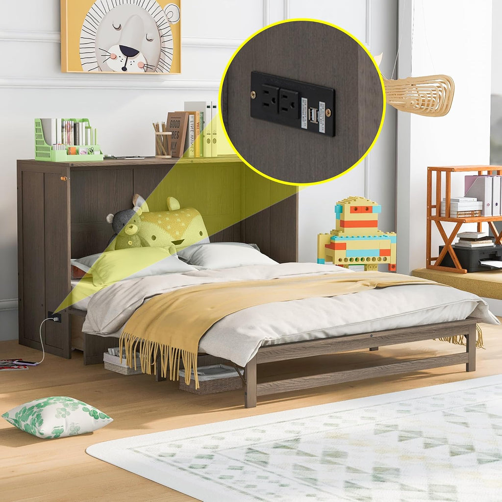 Queen Murphy Bed Cabinet with Drawer and Charging Station E4207