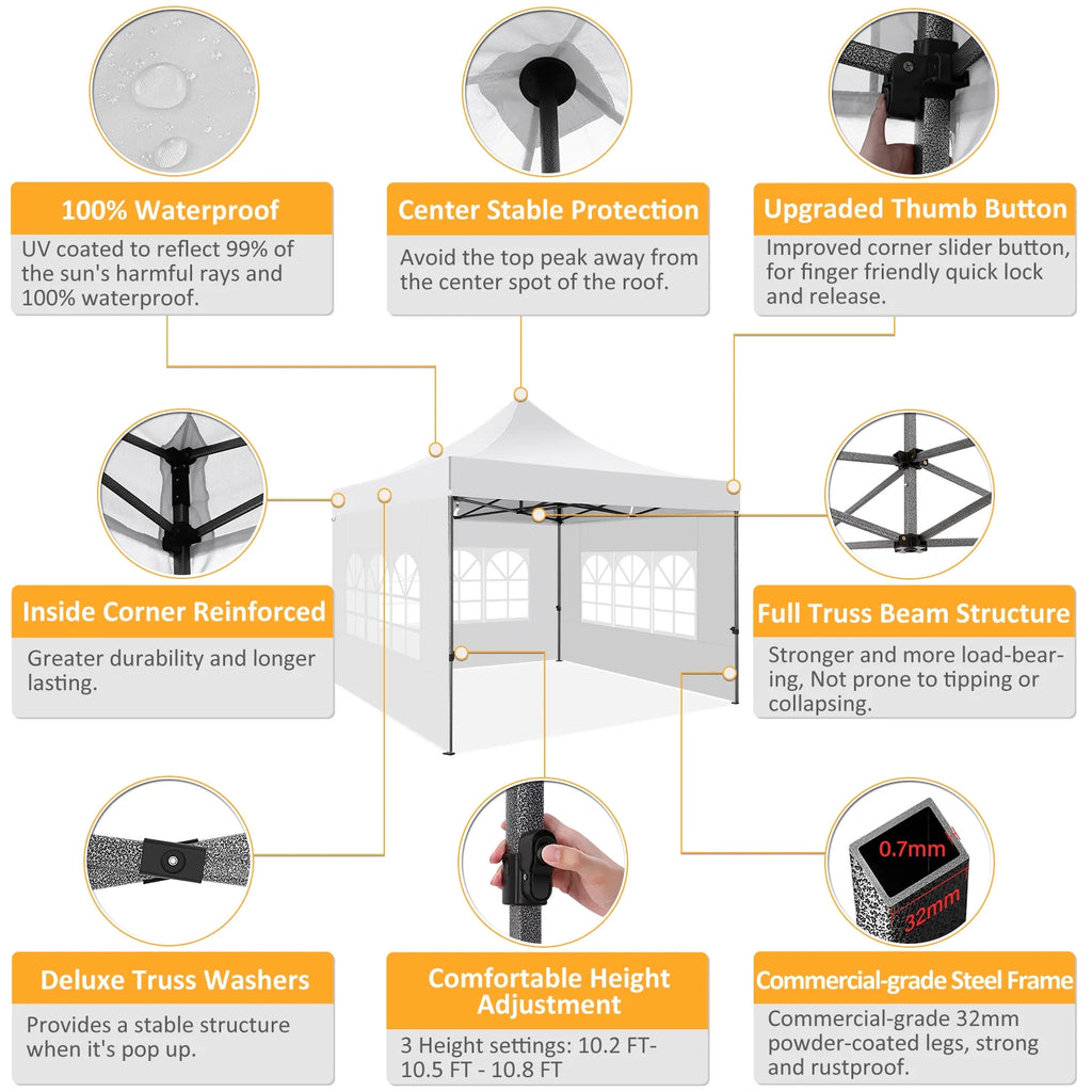 10x10 FT Pop Up Canopy Tent with 4 Removable Sidewalls, Roller Bag and 4 Sandbags, White V220479
