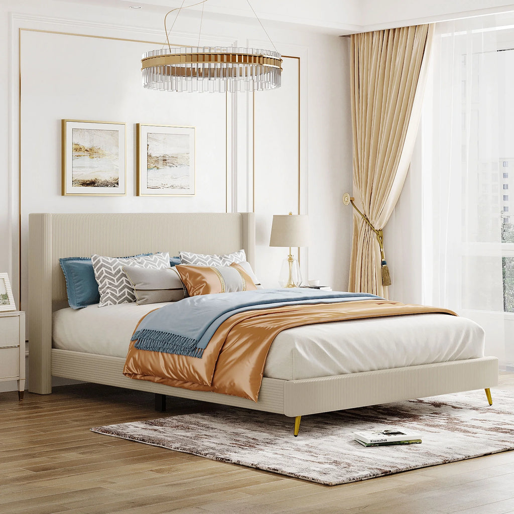 Beige Queen Corduroy Upholstered Platform Bed Frame with Headboard U1885