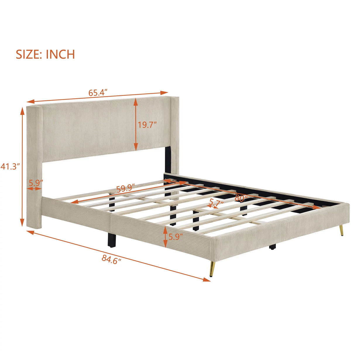 Beige Queen Corduroy Upholstered Platform Bed Frame with Headboard U1885