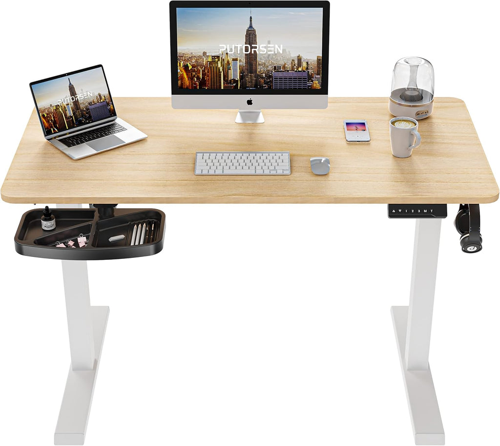 Electric Height Adjustable Standing Desk with Splice Board, Black Frame/Rustic Brown Top O414921