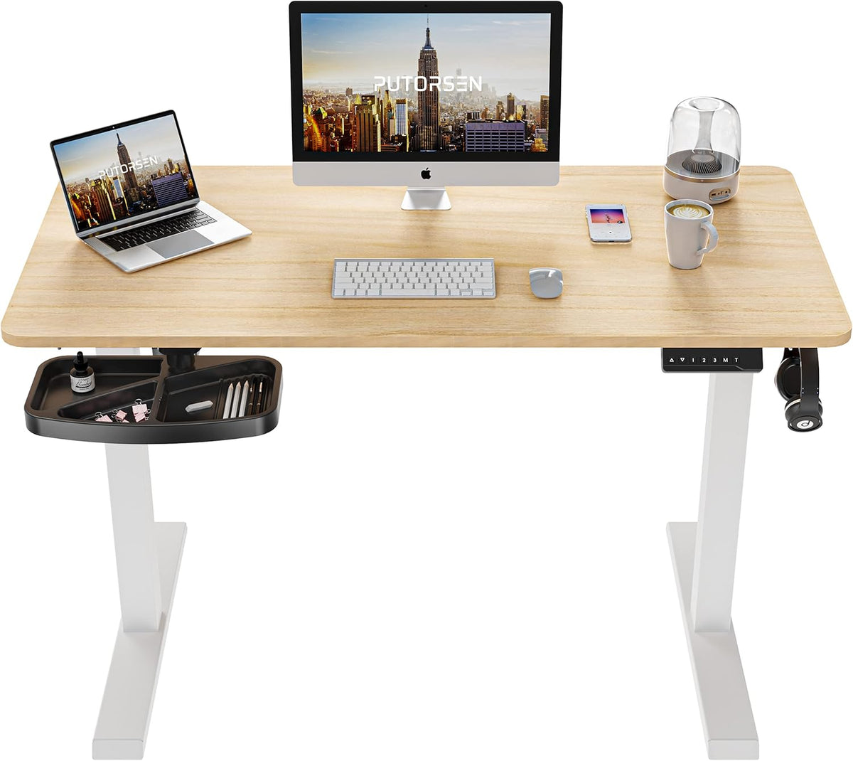 Electric Height Adjustable Standing Desk with Splice Board, Black Frame/Rustic Brown Top O414921
