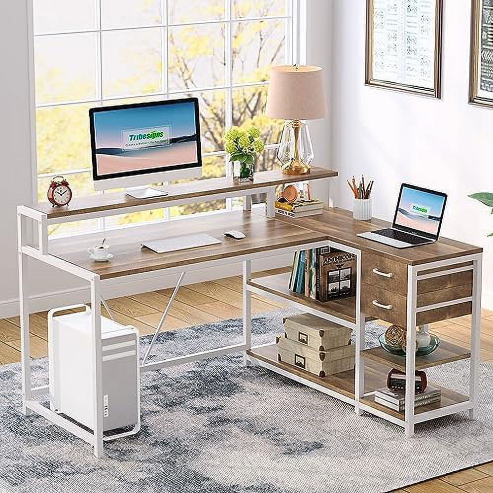 Reversible L Shaped Desk with Drawer Shelves Monitor Stand N272