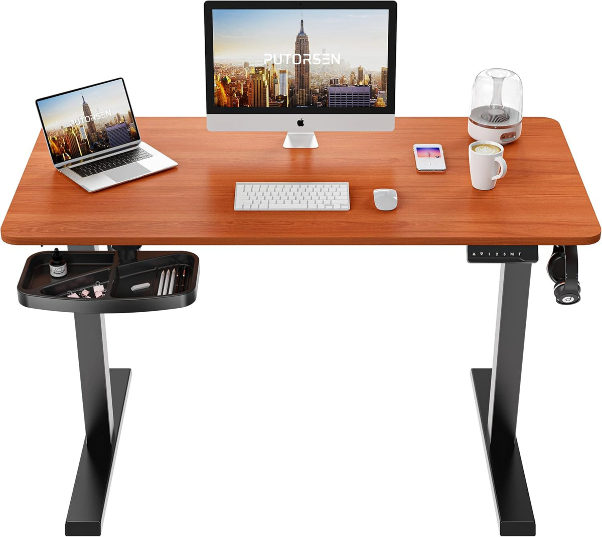 Electric Height Adjustable Standing Desk with Splice Board, Black Frame/Rustic Brown Top O414921