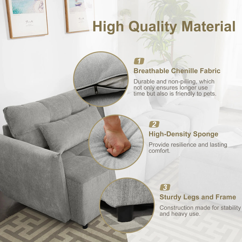 Grey Chenille Sectional Sofa with Convertible Ottoman O547