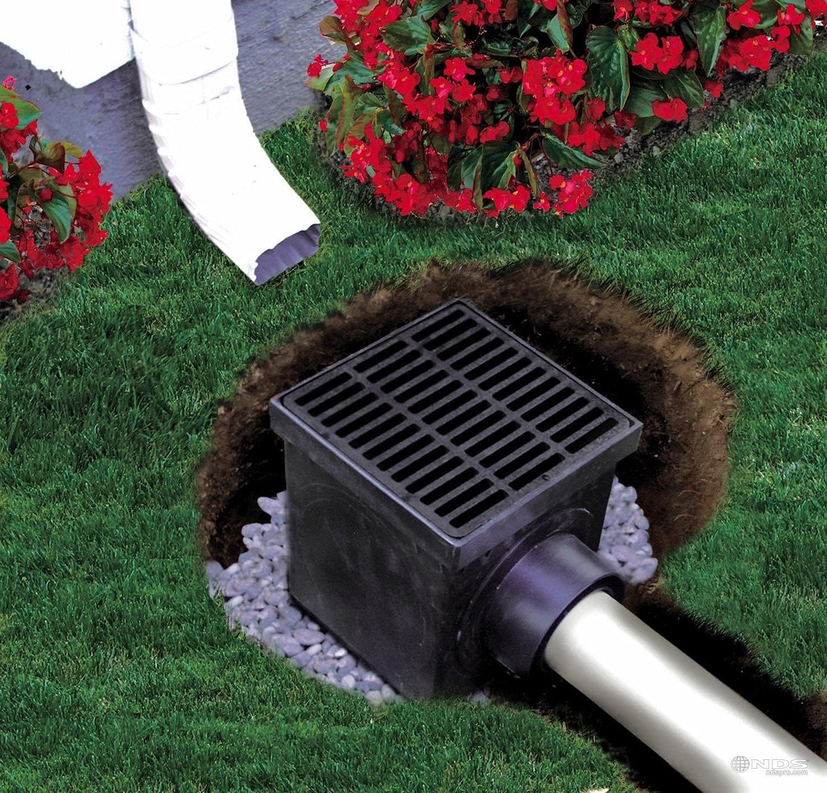 Square Catch Basin Drain Kit with 2-Opening, 2 Adapters, 1 Outlet Plug, 9-Inch Black Plastic Grate S324
