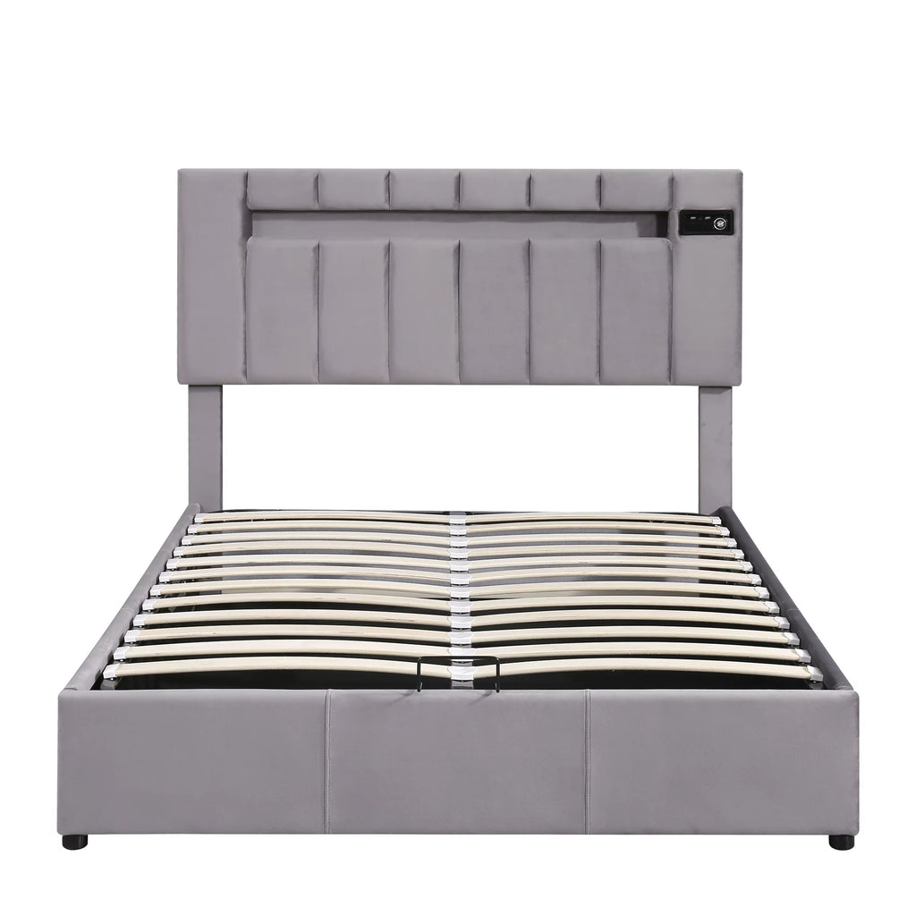 Full Size Velvet Upholstered Platform Bed with Storage and LED Light B48312