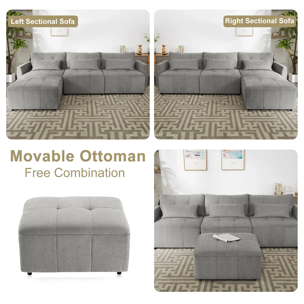 Grey Chenille Sectional Sofa with Convertible Ottoman O547