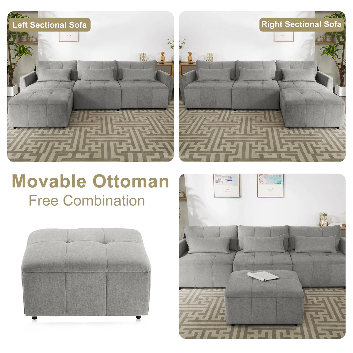 Grey Chenille Sectional Sofa with Convertible Ottoman O547