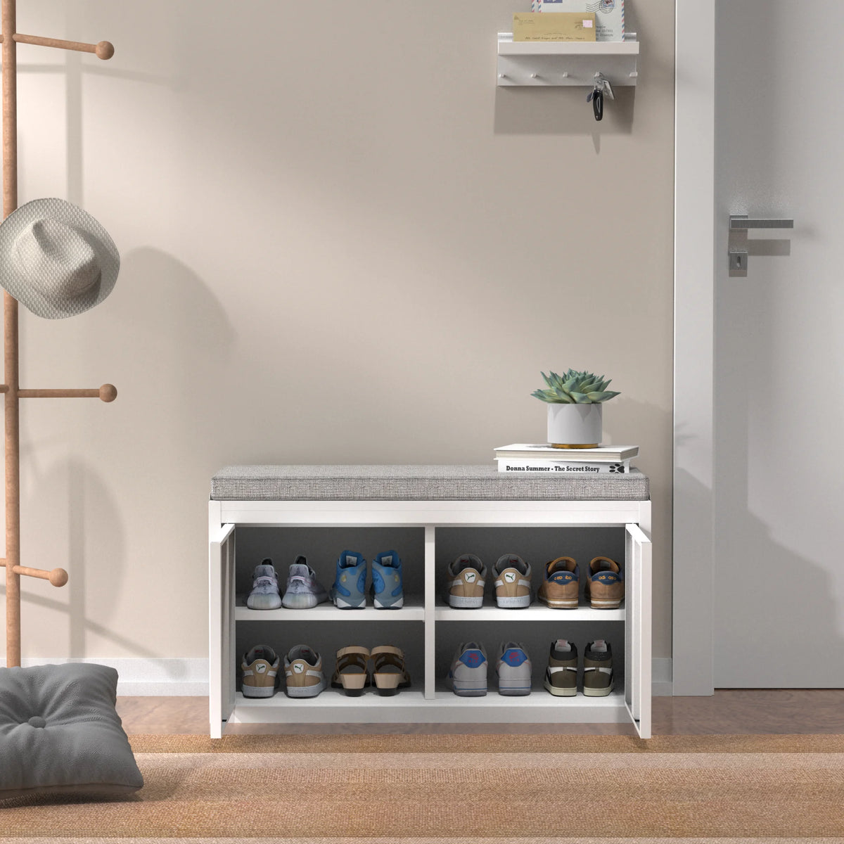 White 2 Tier Metal Storage Bench with Adjustable Shelves and Cushion A9783