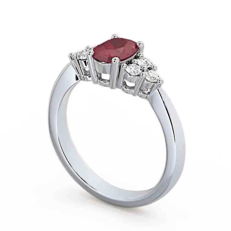 Oval Cut Red Ruby Diamond Solitaire Engagement Ring 14K White Gold Size 7.5 T287