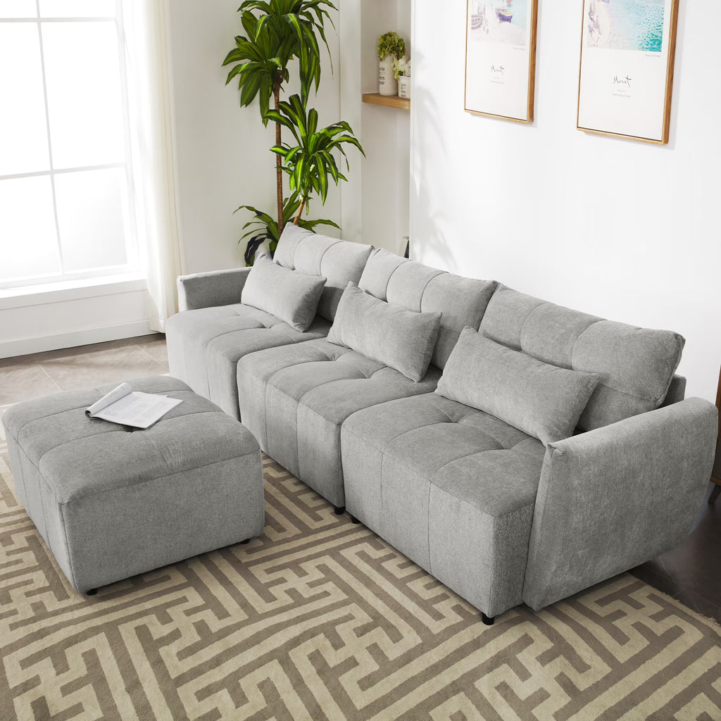 Grey Chenille Sectional Sofa with Convertible Ottoman O547