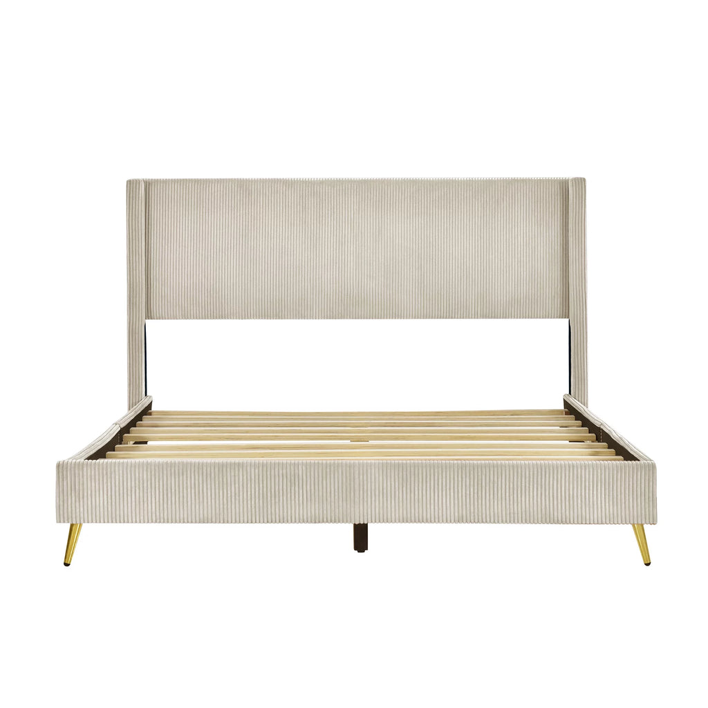 Beige Queen Corduroy Upholstered Platform Bed Frame with Headboard U1885
