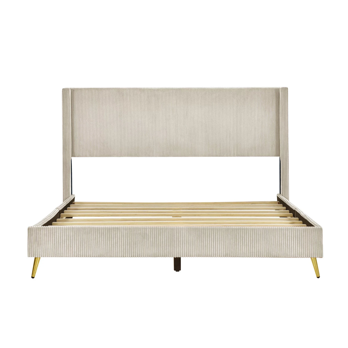 Beige Queen Corduroy Upholstered Platform Bed Frame with Headboard U1885