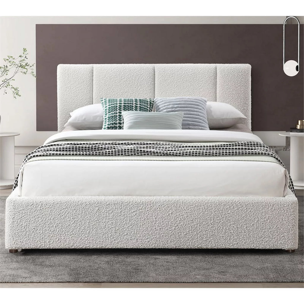 Queen Bed Cream Beige Boucle Fabric A605121