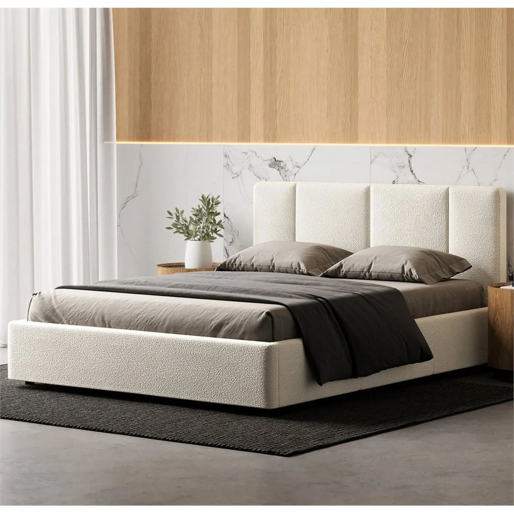 Queen Bed Cream Beige Boucle Fabric A605121