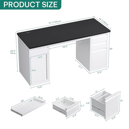 Black 57 Inch Steel Office Desk with 5 Drawers S1742