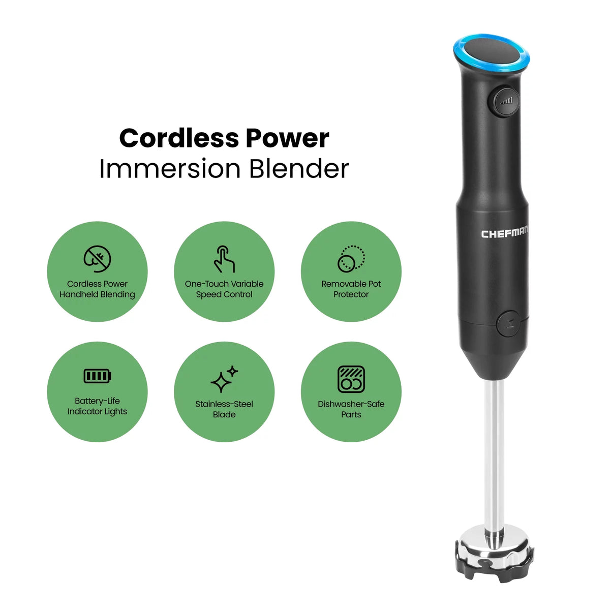 Black Cordless Handheld Immersion Blender with Stainless-Steel Blade T5467