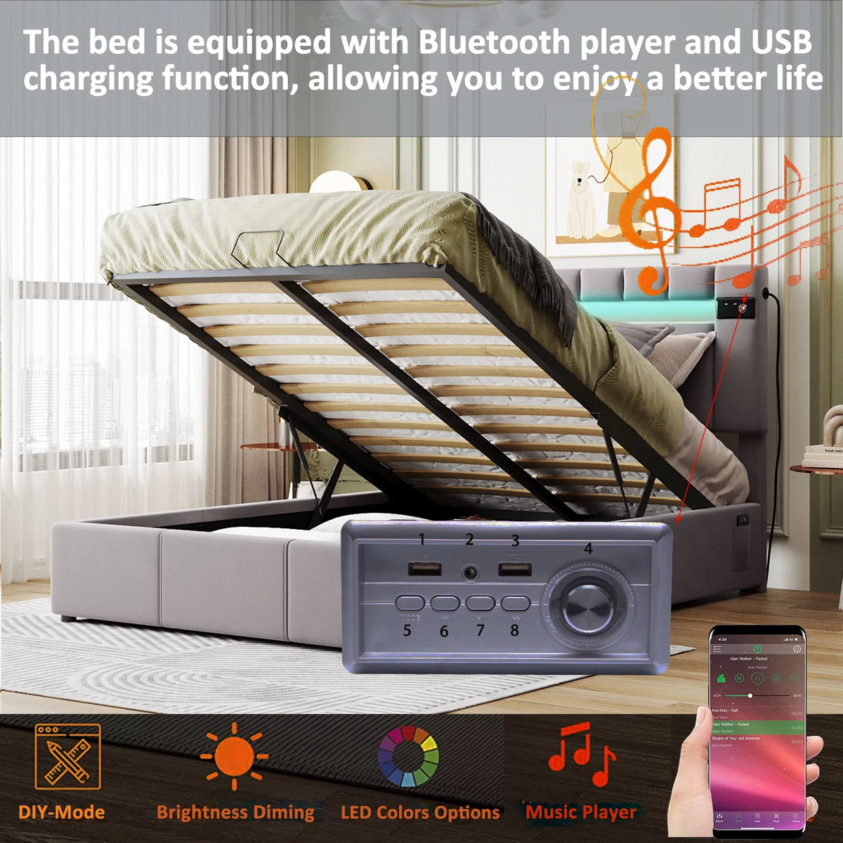 Full Size Velvet Upholstered Platform Bed with Storage and LED Light B48312