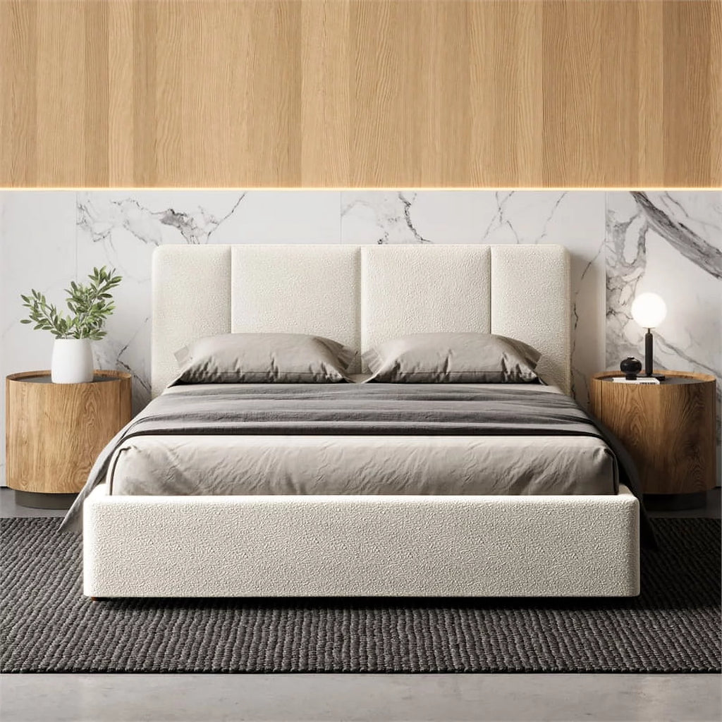 Queen Bed Cream Beige Boucle Fabric A605121
