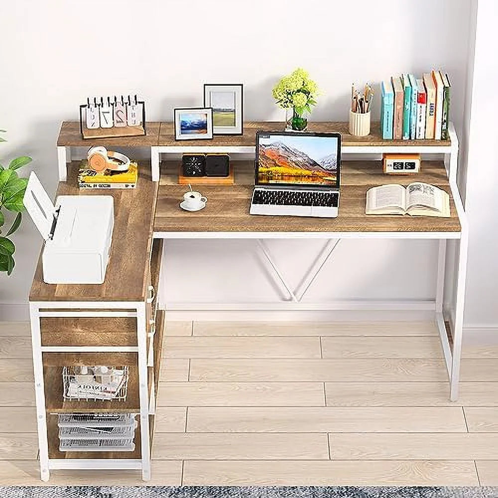 Reversible L Shaped Desk with Drawer Shelves Monitor Stand N272