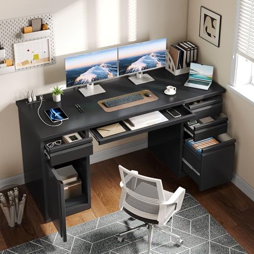 Black 57 Inch Steel Office Desk with 5 Drawers S1742
