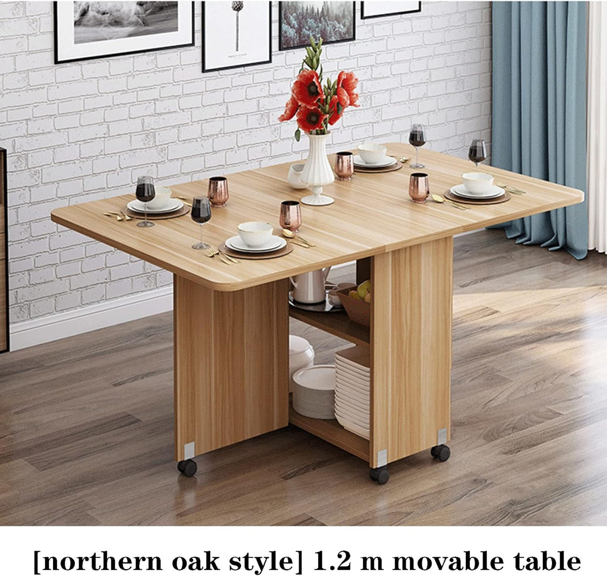 Expandable Rectangle Wood Drop Leaf Dining Table with 6 Wheels R905