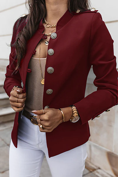Solid Patchwork Buckle Mandarin Collar Outerwear A742892