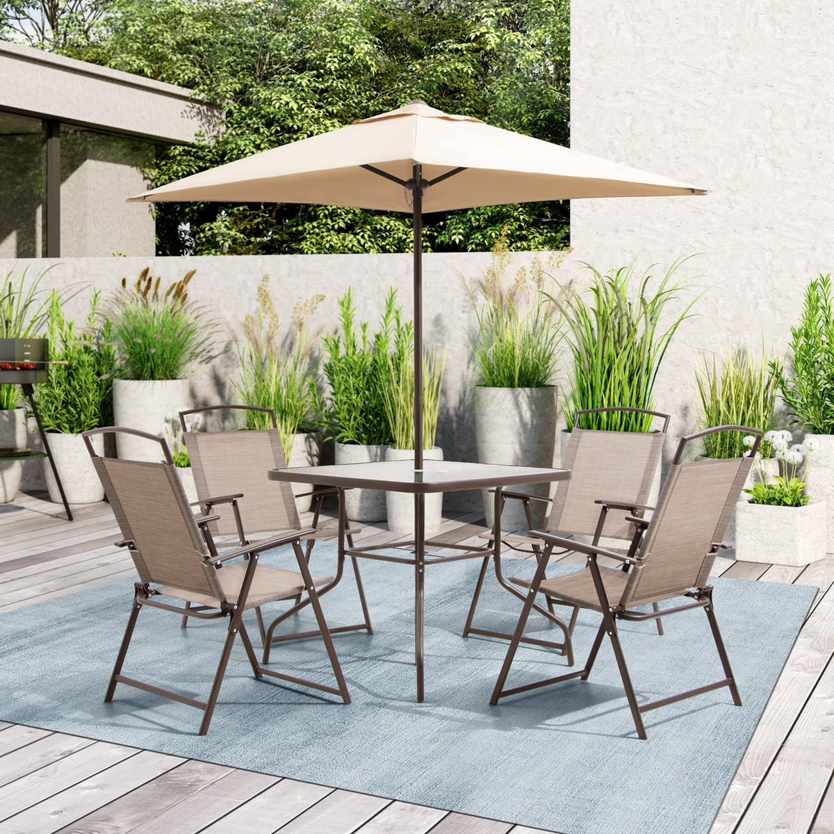 6 PCS Beige Patio Dining Set with Umbrella K438794