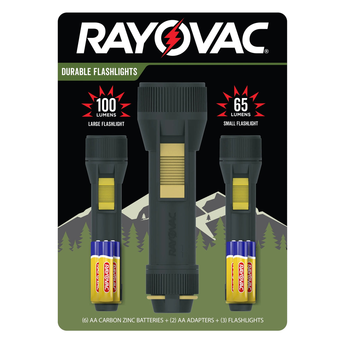 Camping LED Flashlights, 100 & 65 Lumens, 3-Pack O27357