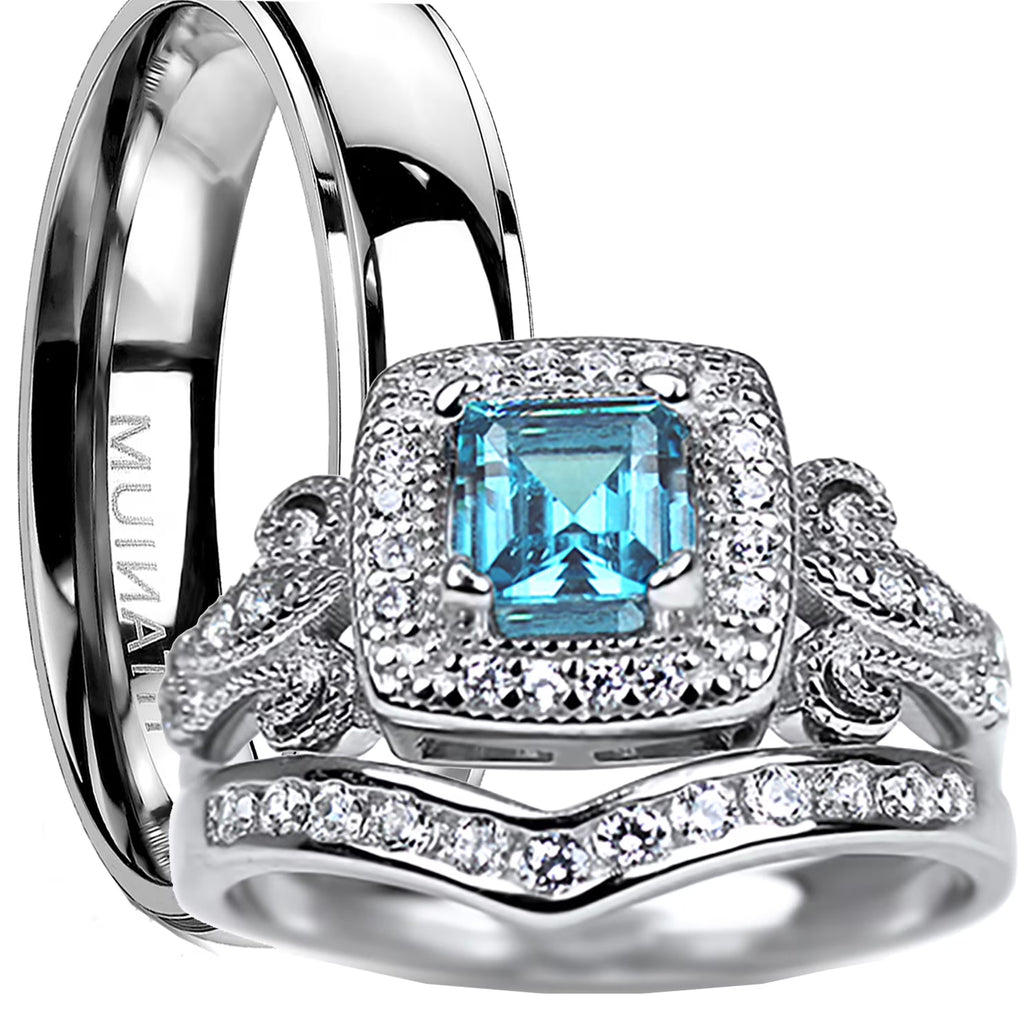 Trio His Hers Blue Topaz CZ Silver Wedding Engagement Ring Set Titanium G588197