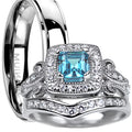 Trio His Hers Blue Topaz CZ Silver Wedding Engagement Ring Set Titanium G588197