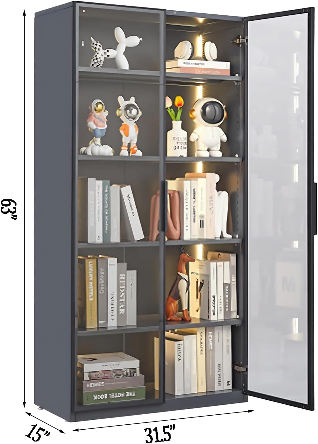 Grey Glass Display Cabinet with LED Lights and 4-Tier Shelves L1929