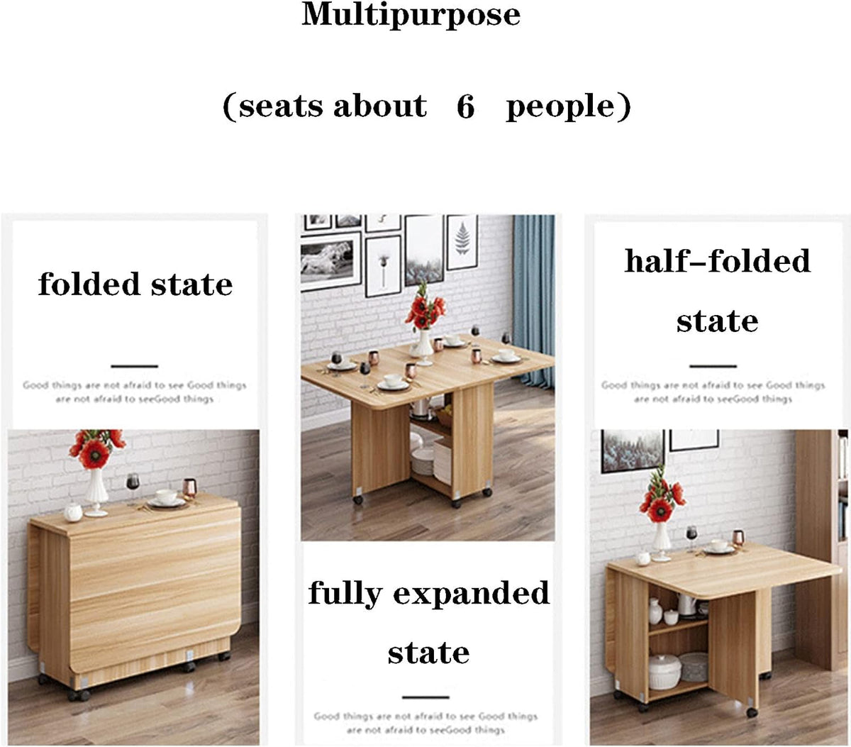 Expandable Rectangle Wood Drop Leaf Dining Table with 6 Wheels R905