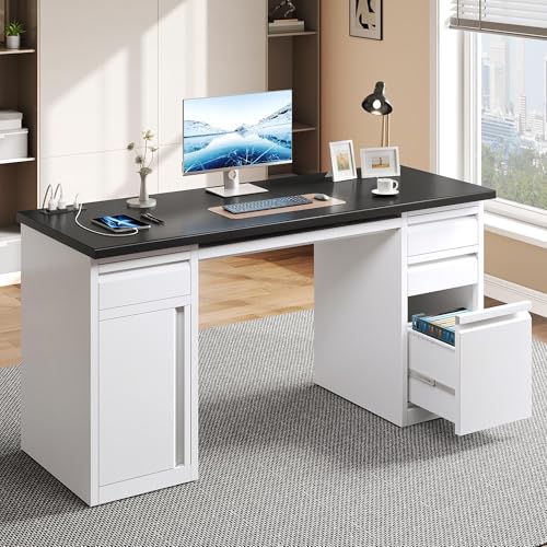 Black 57 Inch Steel Office Desk with 5 Drawers S1742