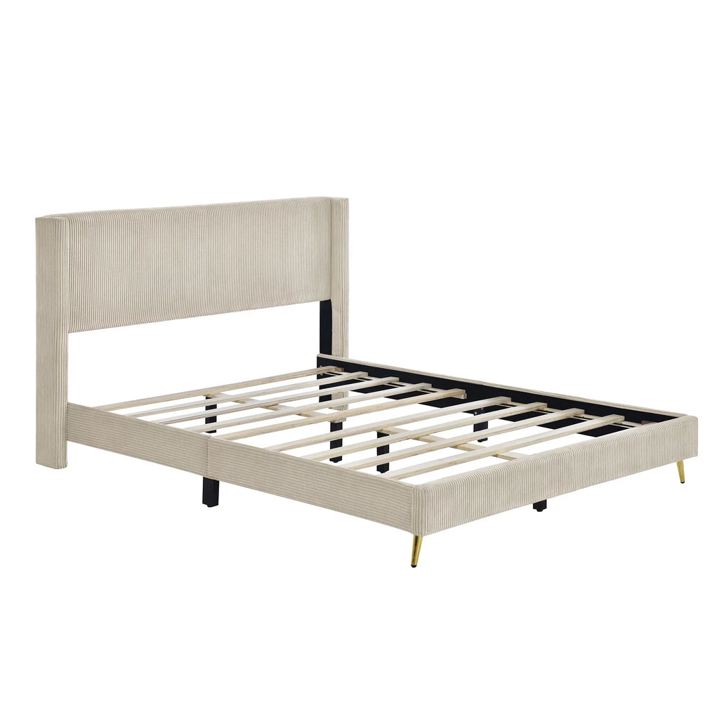 Beige Queen Corduroy Upholstered Platform Bed Frame with Headboard U1885