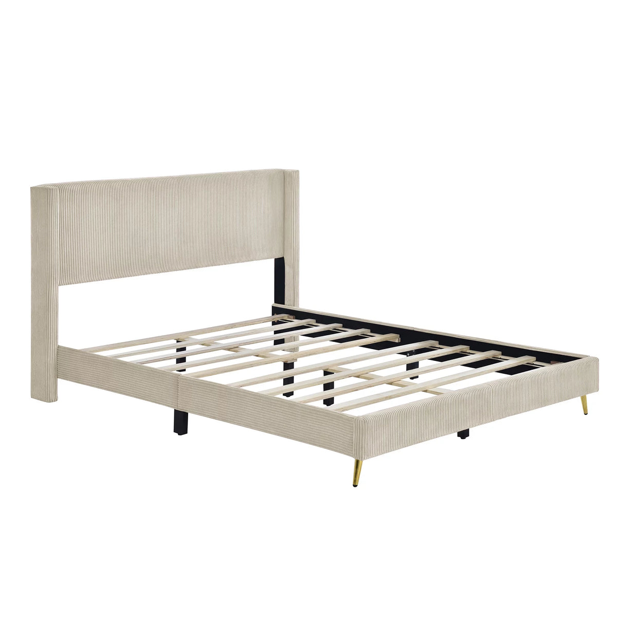 Beige Queen Corduroy Upholstered Platform Bed Frame with Headboard U1885