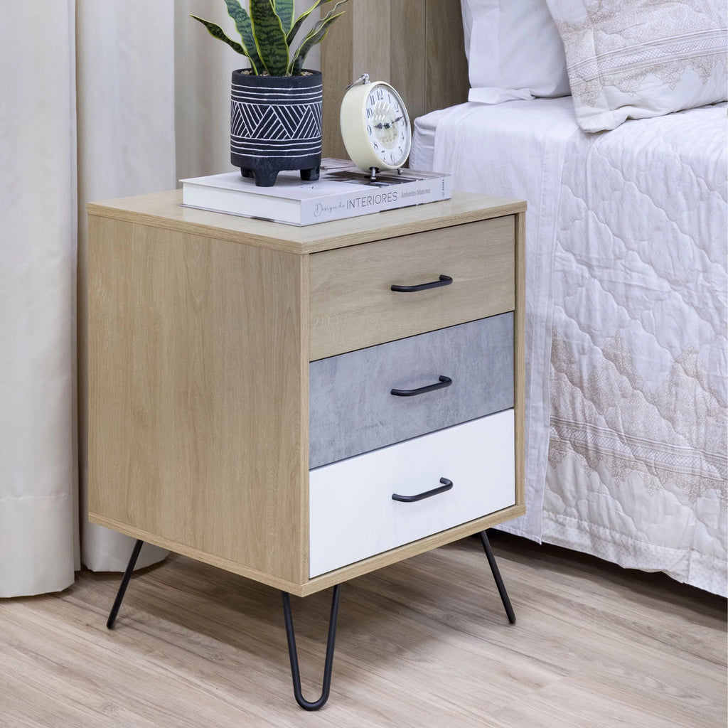 24 Inch 3 Drawer Wood Nightstand with Metal Hairpin Legs F397115