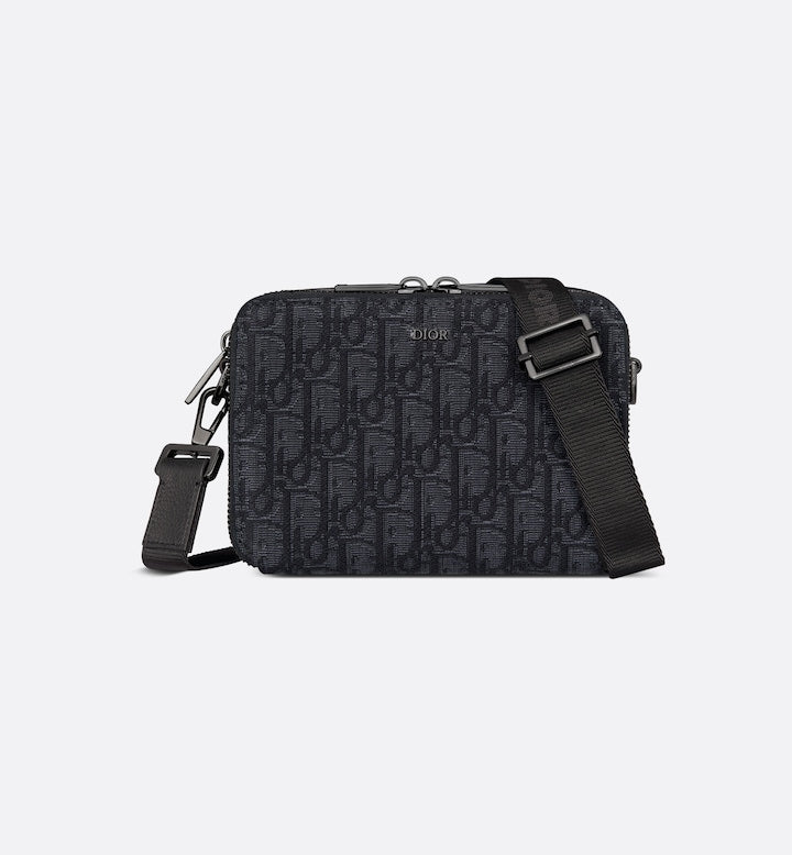 Black Oblique Jacquard Zipped Pouch with Strap I447750