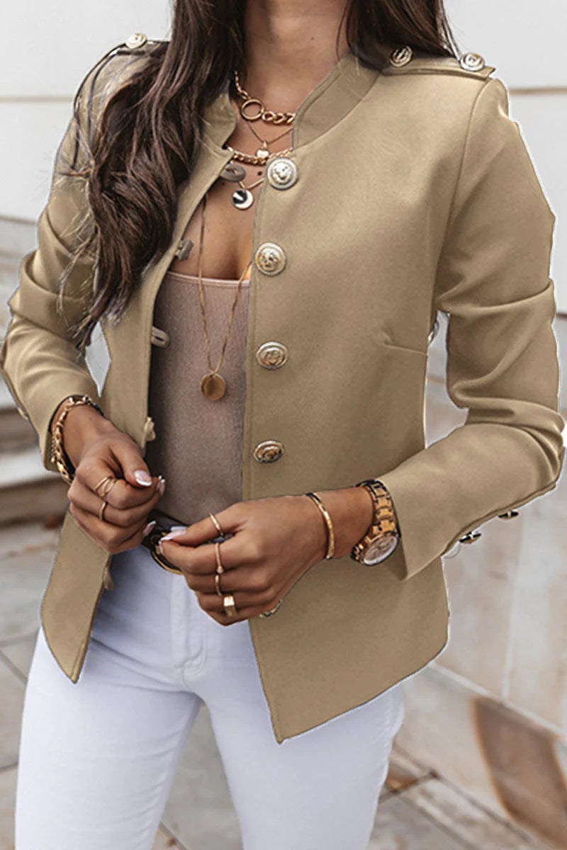 Solid Patchwork Buckle Mandarin Collar Outerwear A742892