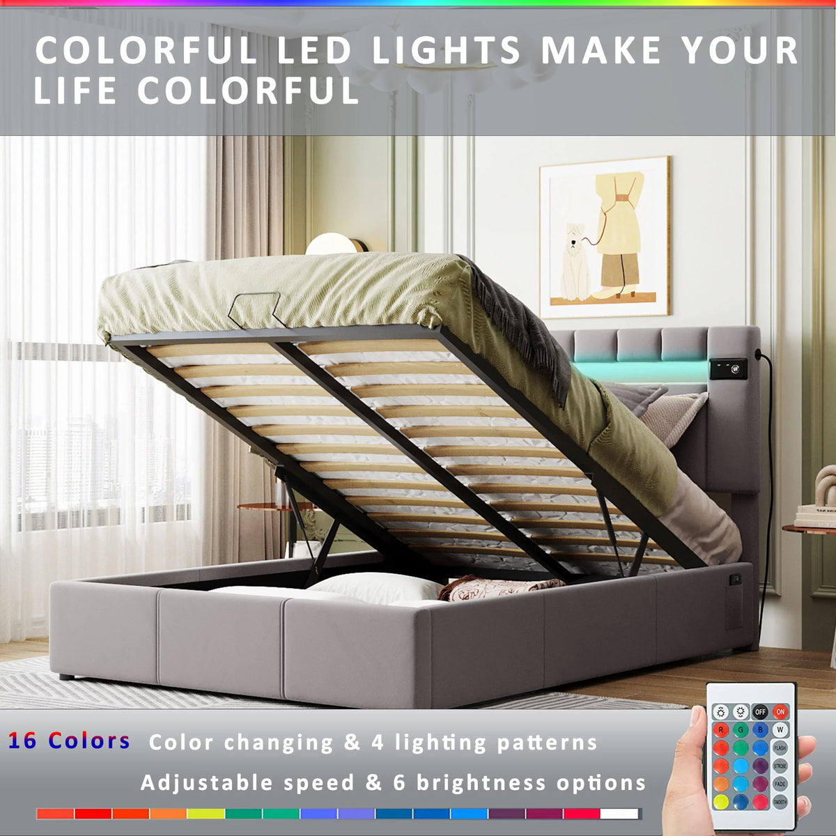 Full Size Velvet Upholstered Platform Bed with Storage and LED Light B48312