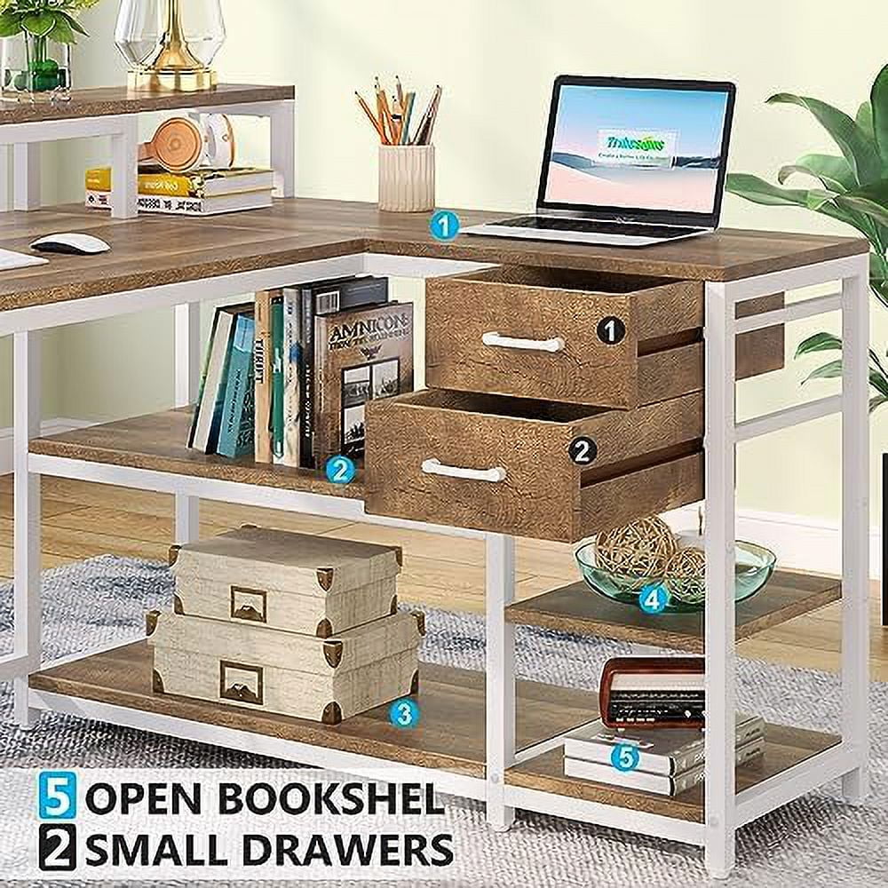 Reversible L Shaped Desk with Drawer Shelves Monitor Stand N272
