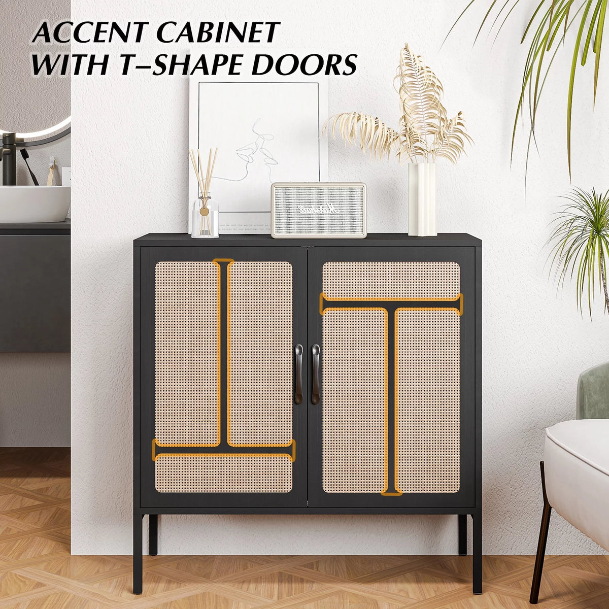 Black Accent Cabinet with Rattan Doors Z286696