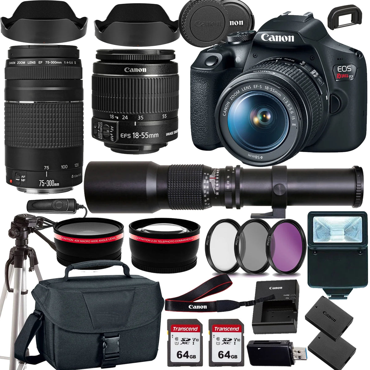 Canon EOS Rebel T7 DSLR Camera with 18-55mm + 75-300mm III Lens + 500mm f/8.0 Telephoto Lens + case + 128 Memory Cards (24PC) M600377