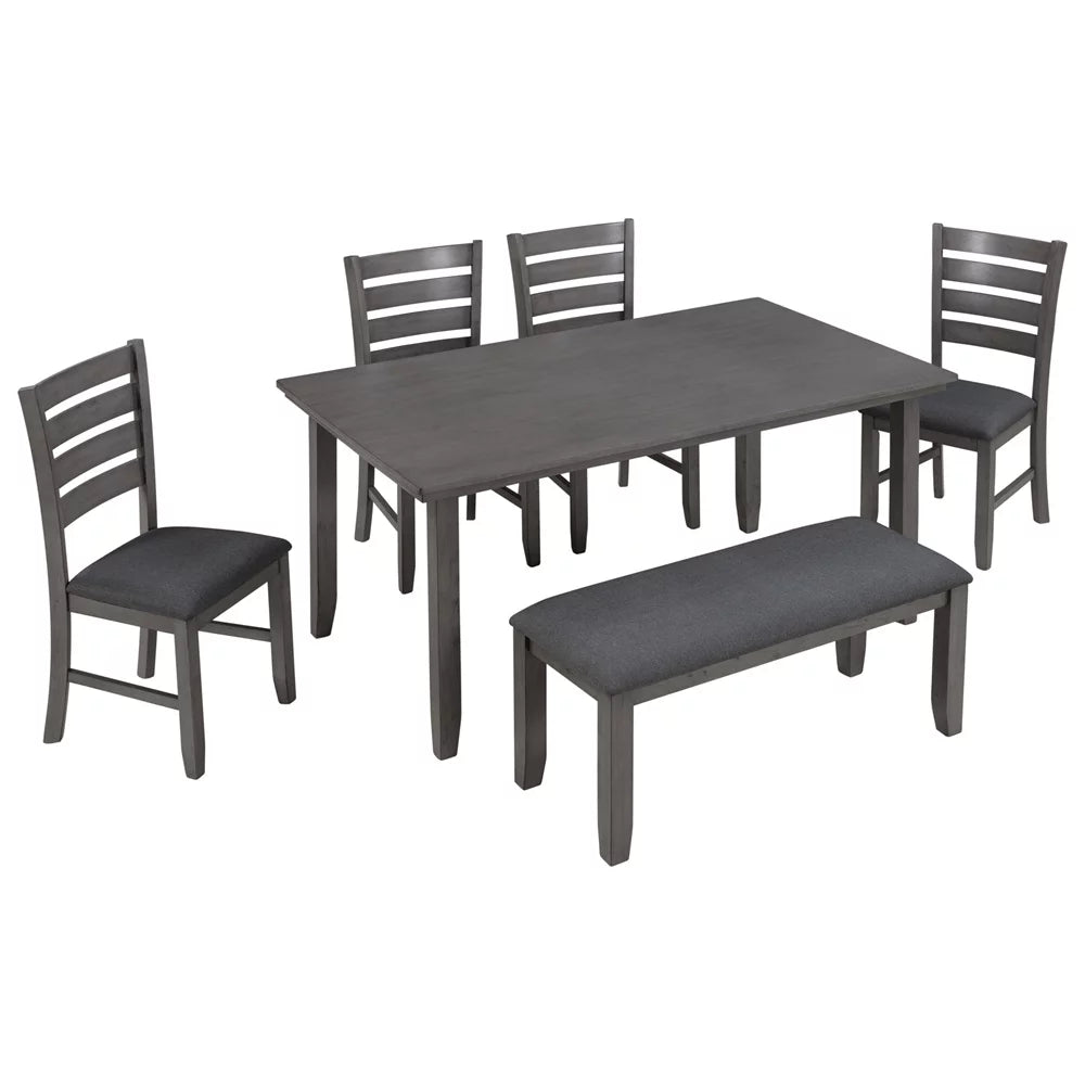 6 Piece Wood Dining Table and Chairs Set with Bench Gray V21857
