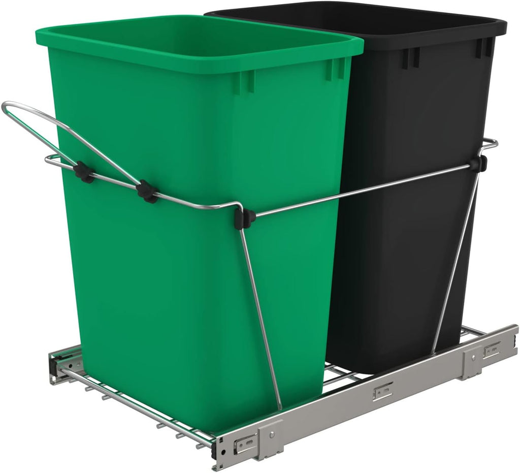 Double 35-Quart Chrome Wire Pullout Kitchen Trash Can S47403